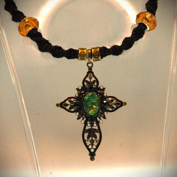 Gold Toned Faceted Oval Dichroic Gold Toned Cross on a handmade Black Hemp Chain - Picture 4 of 7